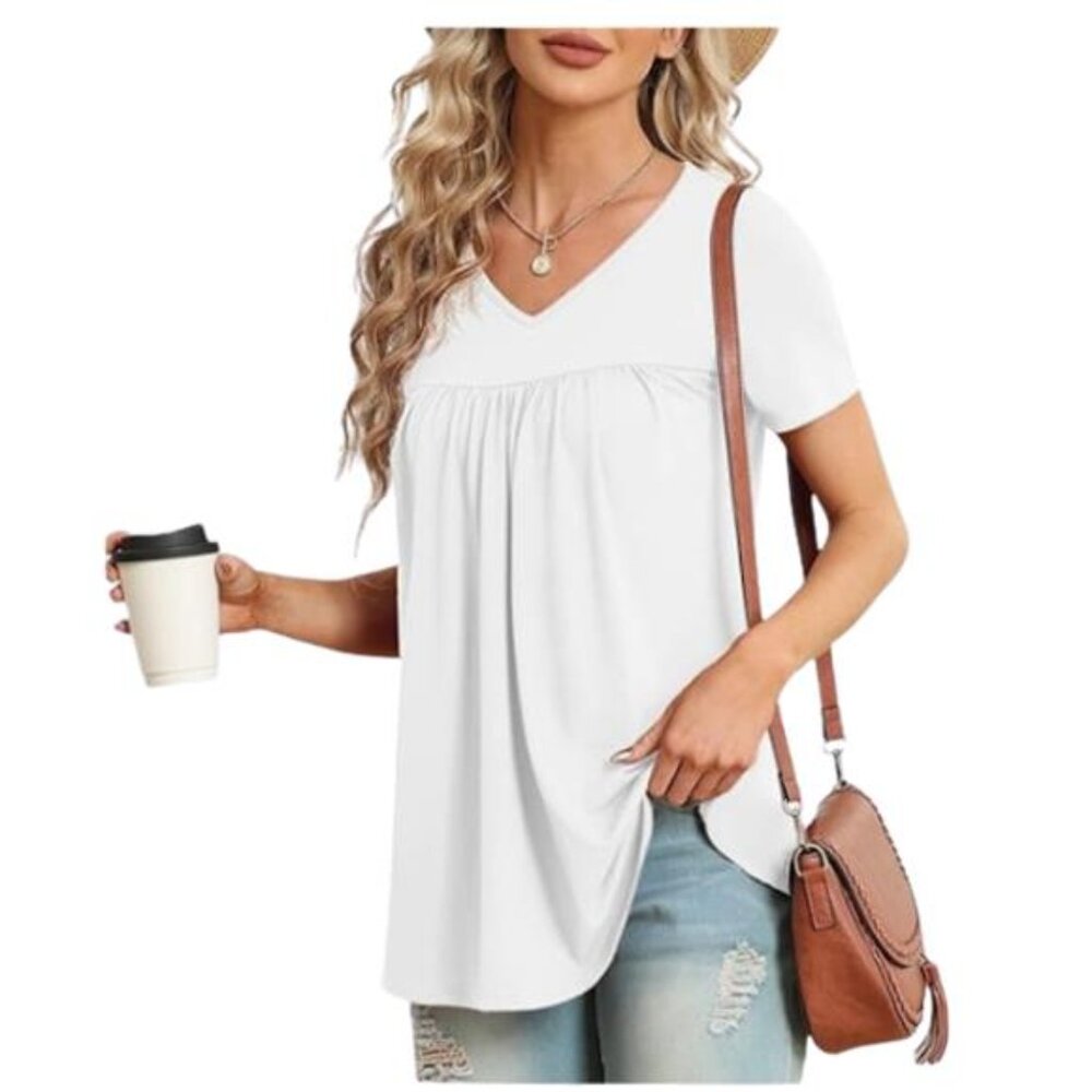 NEW LAOLASI White V Neck Short Sleeve Top Flowy Tunic Blouse Women's XL